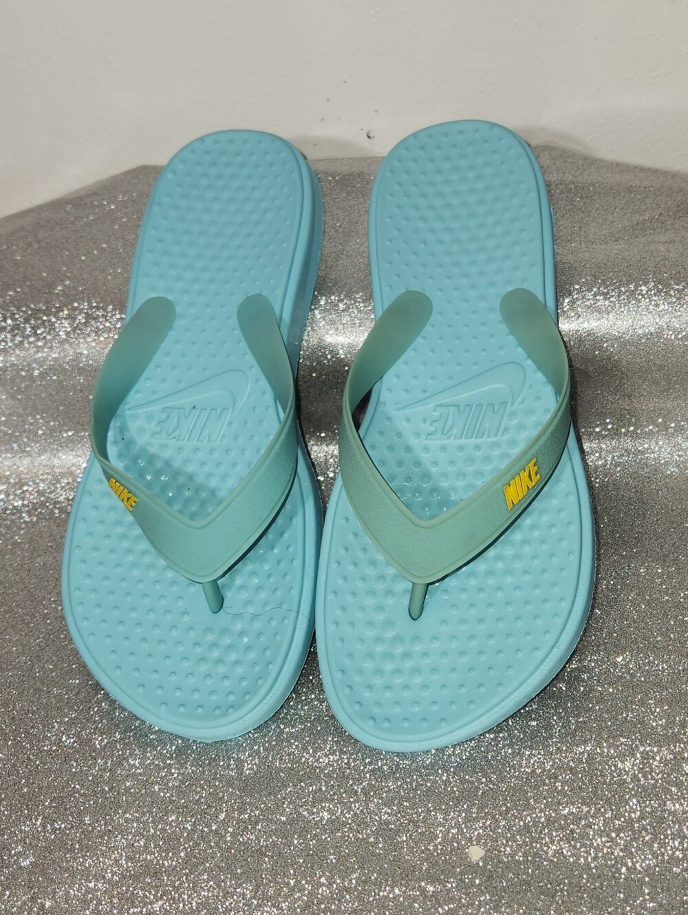Women's Nike Aqua Blue Flip Flop Sandals with Yellow Logo